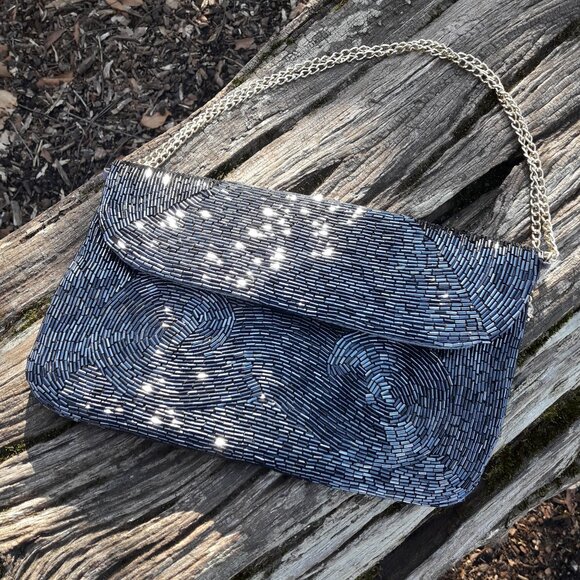 Handbags - Sequin Purse Gunmetal Silver Micro Metallic Beads Softback Clutch Vintage Mini